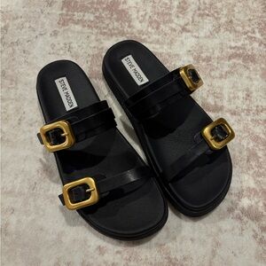 Steve Madden Black Sandals with Gold Accents